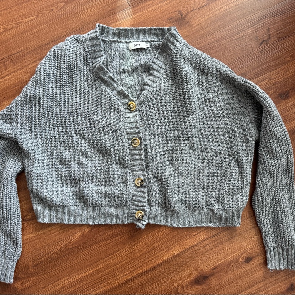 Set Active Gray Chunky Rib Knit Boxy Sweater